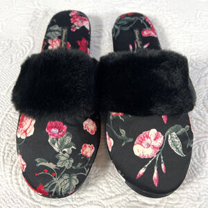 Victoria's Secret Signature Satin Slippers Women's L Faux Fur Black Pink Floral